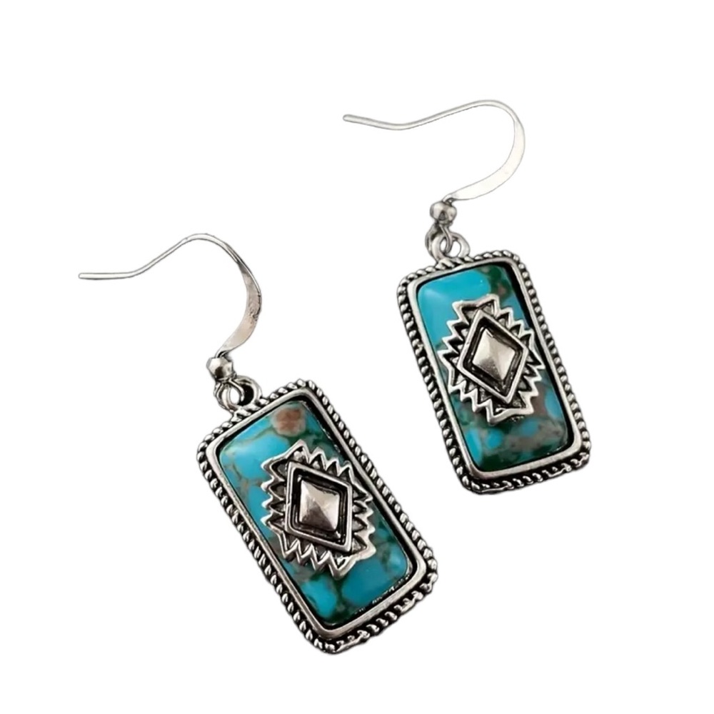 Western Style Silver and Turquoise Geometric Drop Earrings